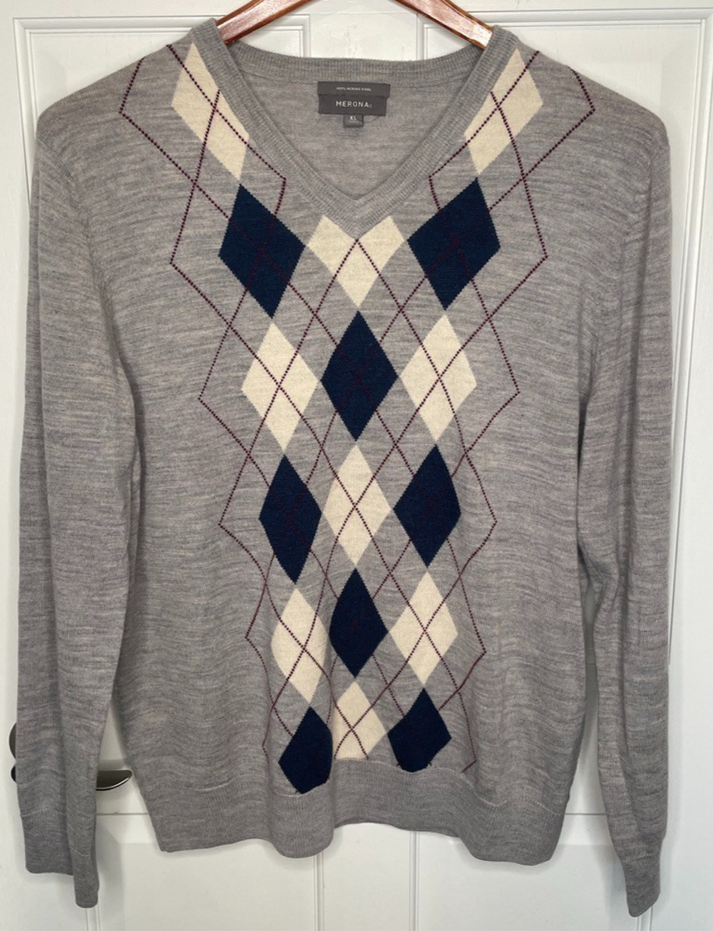 Vintage Merona Men's Argyle V-Neck 100% Merino Wool Sweater Sz XL Preppy